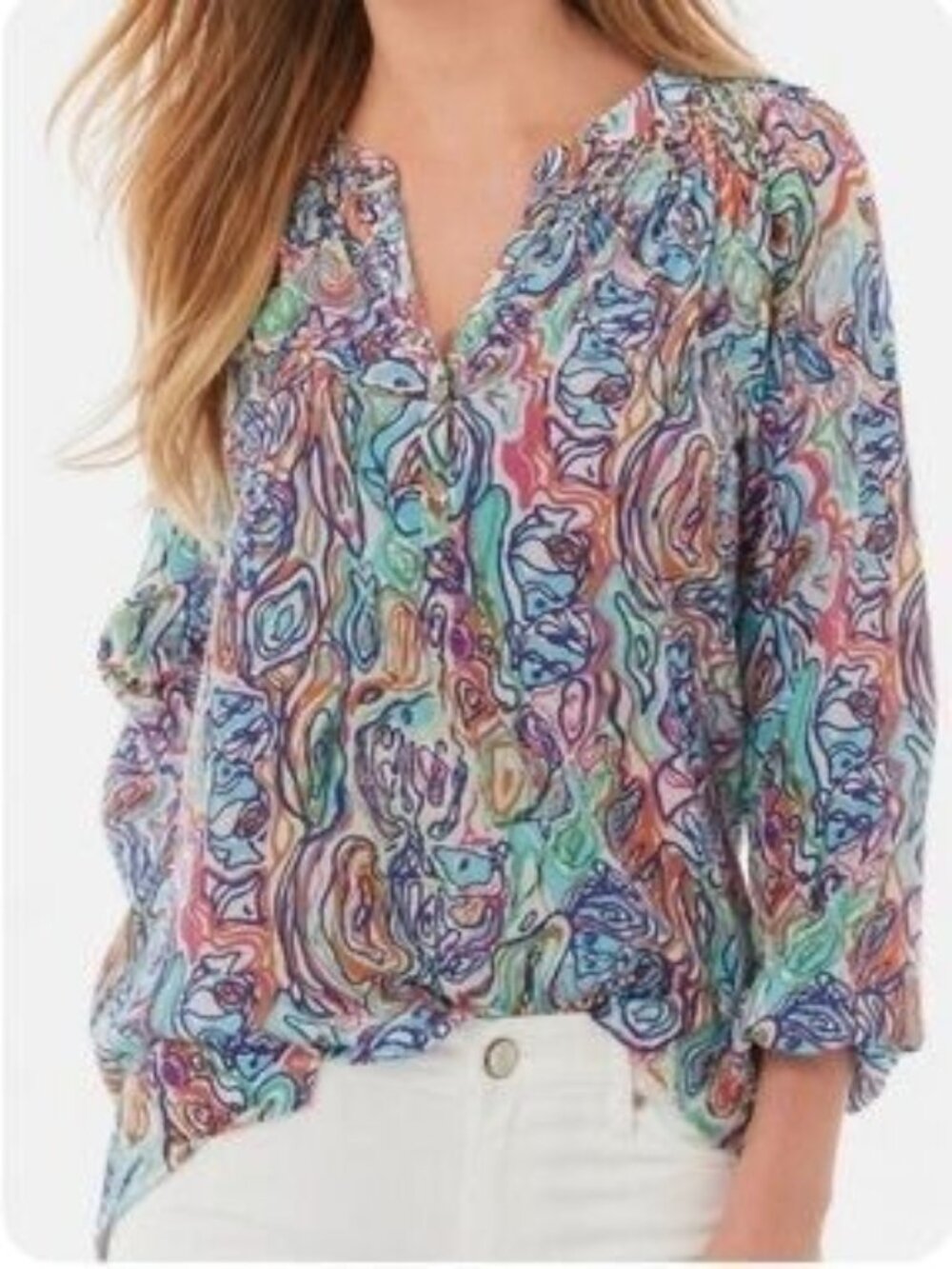 Lilly Pulitzer Elsa Blouse XS What A Catch Fish Print Silk Top Long Sleeve